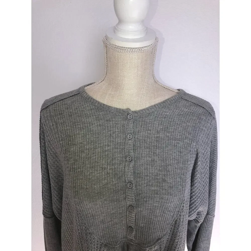 Gibson Look  Gray Dolman Mixed Rib Waffle Knit Henley Top - S - Picture 3 of 6